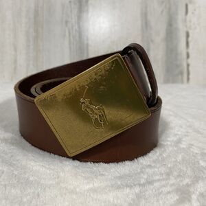 Polo Ralph Lauren Leather Belt Pony Brass Plaque Buckle Preppy Logo Men's Sz 34
